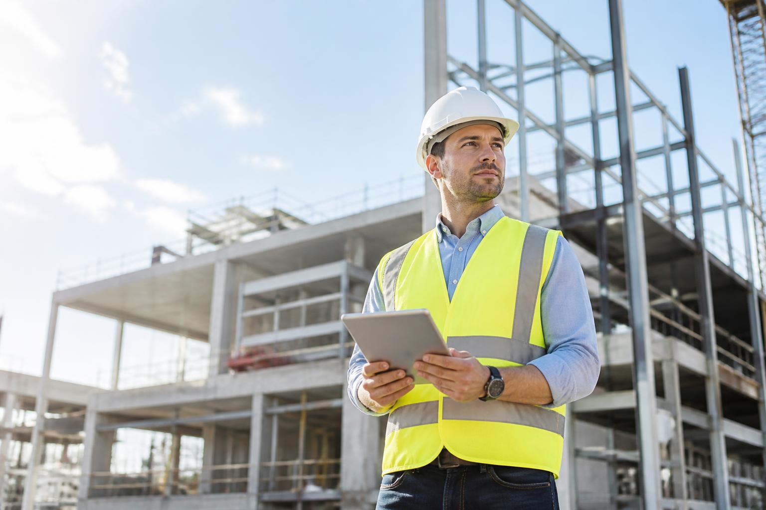 Site inspector reviewing plans on a tablet at a construction site